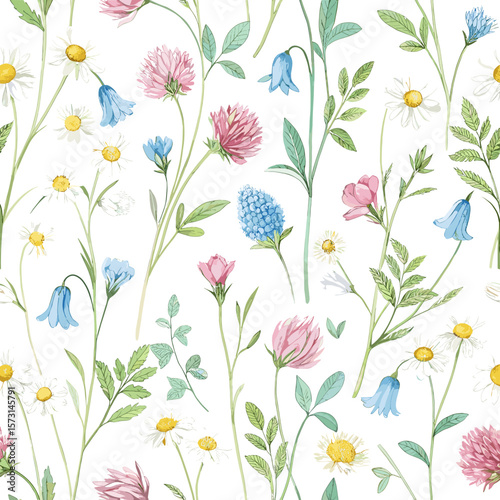 Seamless floral pattern with wild flowers on a white background, suitable for textiles, packaging, stationery, decorative design, printing and household goods