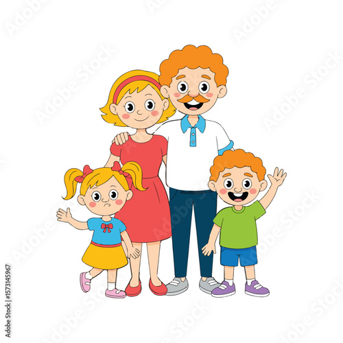 Cartoon Vector Family with Two Kids – Happy Parents and Children Standing Together