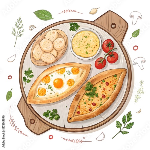 Delicious turkish pide with eggs and cheese served on a wooden board with fresh ingredients isolated on white background isolated on transparent background