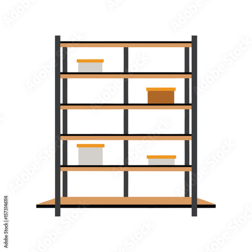 Modern industrial metal shelving unit with wooden planks and storage boxes