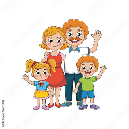 Cartoon Vector Family with Two Kids – Happy Parents and Children Standing Together