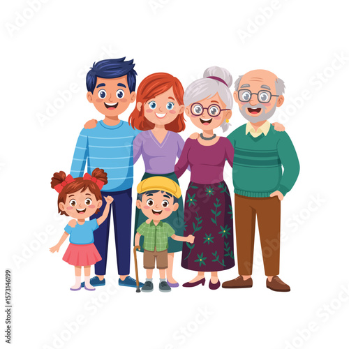 Cartoon Vector Family with Two Kids – Happy Parents and Children Standing Together