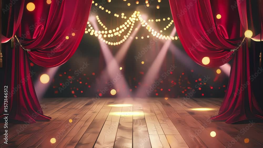 Elegant Theater Stage with Opening Red Curtains and Spotlights