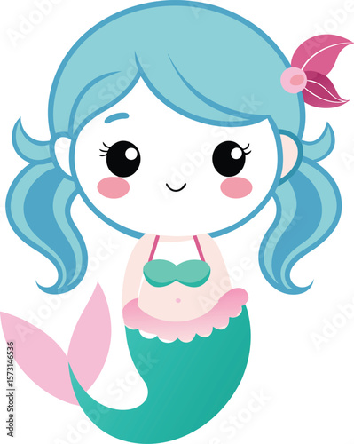 kawaii mermaid with pigtails and blush cheeks on