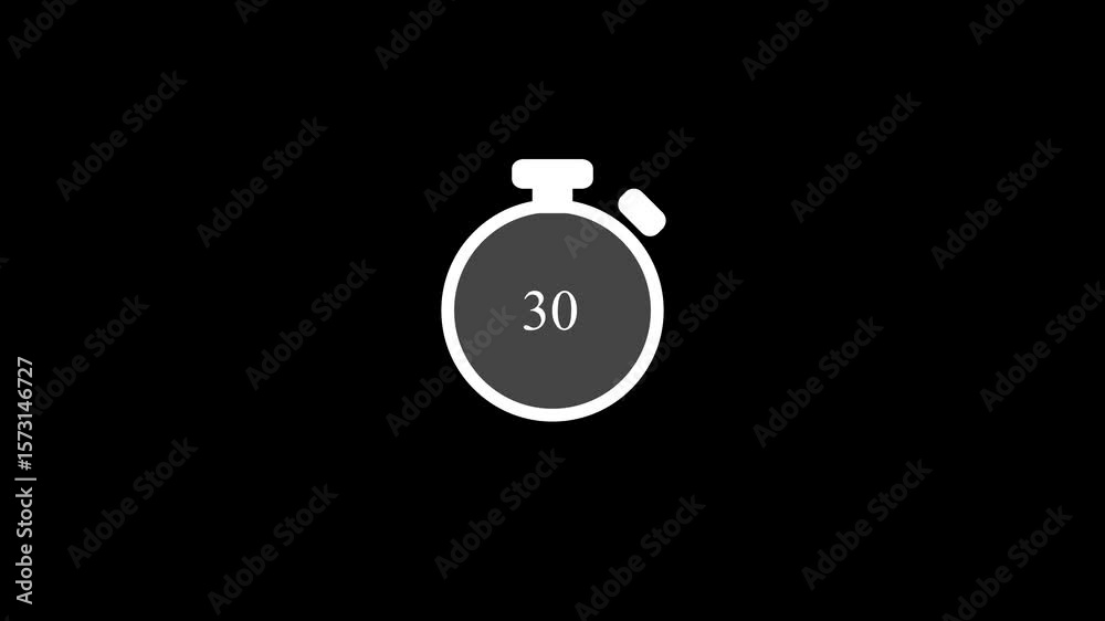 30 seconds countdown, Analog of simple clean timer motion graphic with text numbers animated icon on black background.