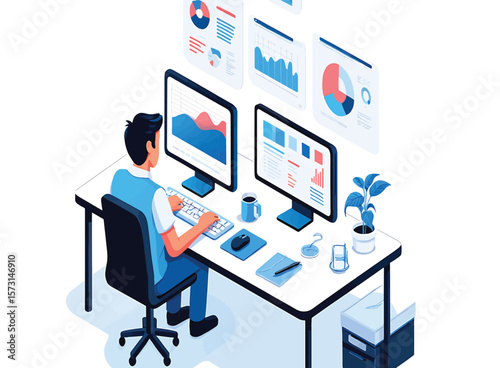 Data Analyst Working at Desk with Multiple Monitors and Charts