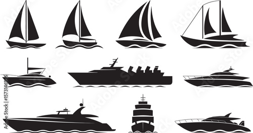 Boat and Ship Silhouette Icon Set – Black Vector Yachts, Sailboats, and Cruise Ships for Marine and Nautical Design