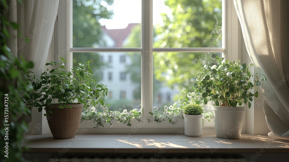 Fototapeta premium Windowsill with plants, sunlight, and city view