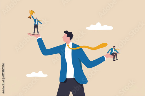 Giant businessman holding a small businessman with a trophy in one hand and another small businessman sitting on his other hand representing success and failure isolated on transparent background