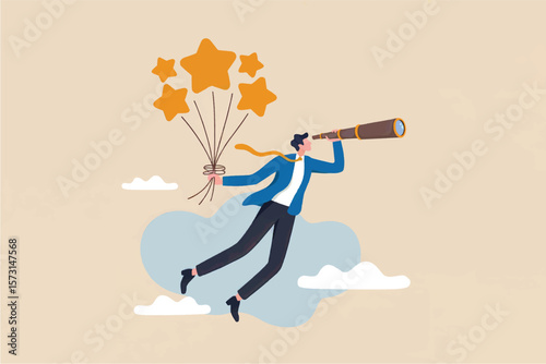 Businessman with a telescope looking towards a cluster of five golden stars tied with a ribbon symbolizing ambition and success isolated on transparent background