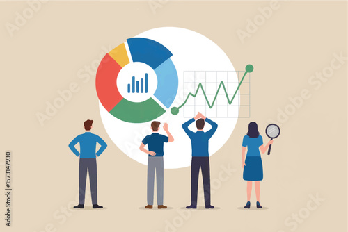 Diverse business team analyzing financial data charts and graphs with magnifying glass and pie chart isolated on transparent background