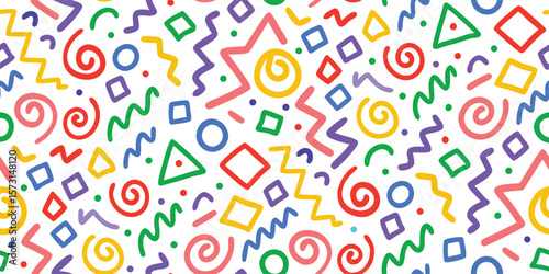 Colorful Seamless Memphis Pattern Vector. Playful 80s and 90s Retro Style Abstract Geometric Shapes for Party Decorations, Kids Fabric, or Wrapping Paper.