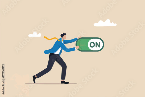 Businessman in a blue suit running and flipping an on switch to activate or start something new with a yellow tie flowing isolated on transparent background