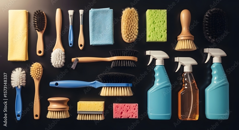 Fototapeta premium Assortment of Cleaning Supplies on Dark Background – Spray Bottles, Brushes, Sponges and Cloths for Household, Janitorial and Retail Display 