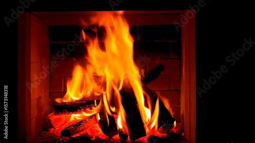 A cozy fireplace with bright orange flames and glowing embers, creating a warm and inviting atmosphere. Logs are stacked inside the hearth.