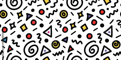 Seamless Geometric Memphis Style Pattern Vector. Abstract 80s and 90s Retro Background with Colorful Shapes for Fabric, Wrapping Paper, or Web Design.