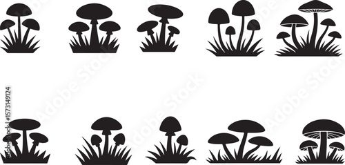Mushroom Silhouette Icon Set – Black Vector Fungi Illustrations with Grass for Nature, Forest, and Botanical Designs