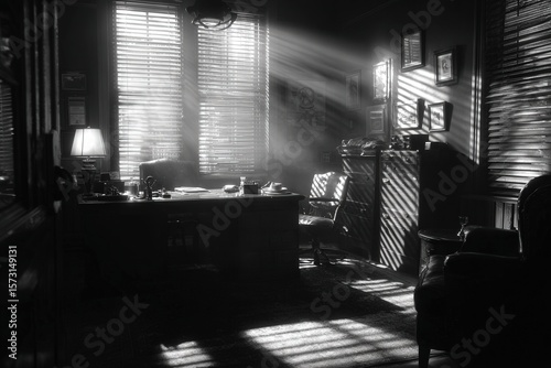 Dramatic Sunlight Through Blinds in Vintage Film Noir Office.