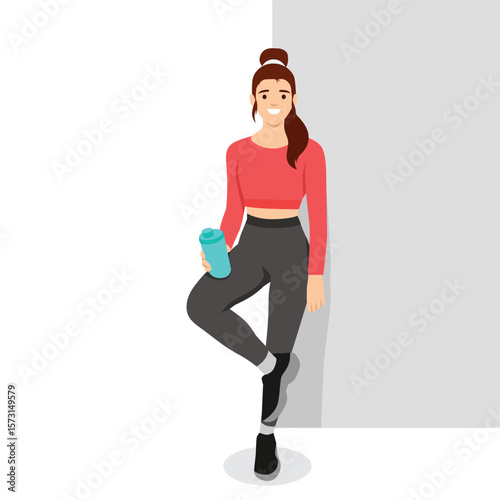 Young woman in athletic wear leans casually against a wall, smiling with a water bottle in hand. Flat vector illustration isolated on white background