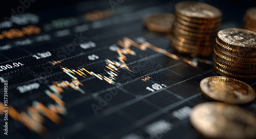 Digital arrow going up on stock market chart, coins and abstract UI