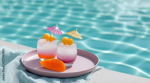 Refreshing summer cocktails served on a pink tray beside a sparkling blue swimming pool, garnished with colorful umbrellas and fresh fruit, perfect for a sunny day