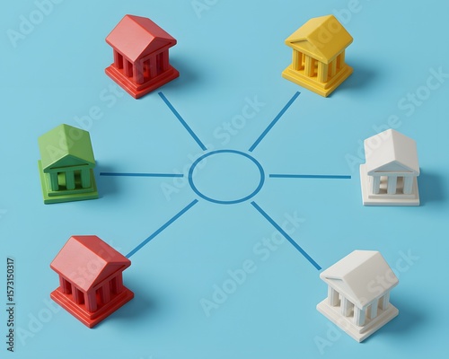 Banks are connected to each other. Interbank network and Financial system. Monetary policy, digital banking, and regulatory coordination in finance networks. Global finance infrastructure. photo