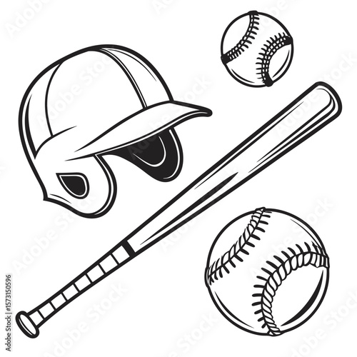 An isolated, old leather baseball and bat, perfect for a competitive team sport game