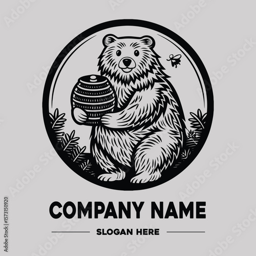 Cute Bear Holding Honey Hive Vector Logo Design