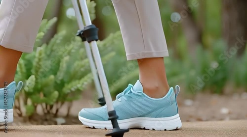 Close-up of a woman wearing light blue athletic shoes while using trekking poles on a nature trail, surrounded by greenery and flowers, showcasing outdoor fitness and active lifestyle