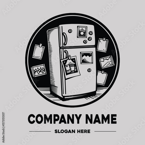 Cute Refrigerator with Magnets Notes on Door Vector Logo Design