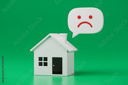 A house expressing negative emotions. Low demand for housing. Old housing, needs repair. No water, electricity or gas. Infrastructure problems. Real estate neglect concept.