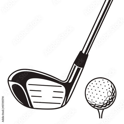 Plastic and steel golf club with ball, an isolated black and white golf equipment illustration