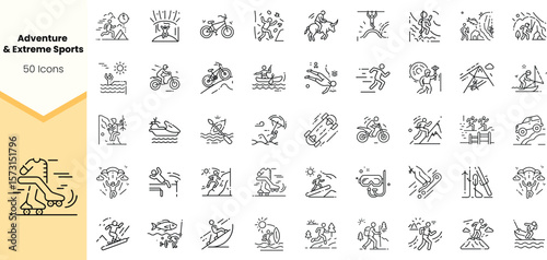 A diverse collection of 50 adventure and extreme sports icons illustrated in a minimalist line art style, showcasing various activities like biking, surfing, and skiing.