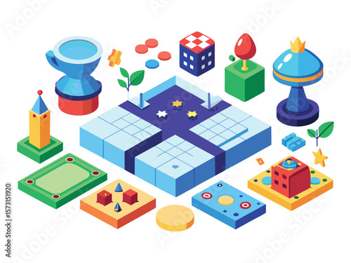 Collection of isometric game elements and board game pieces isolated on white background
