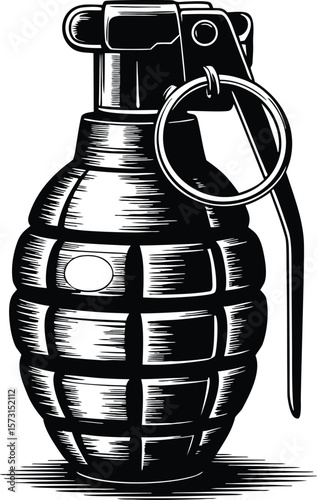 A detailed black and white illustration of a hand grenade ready to explode