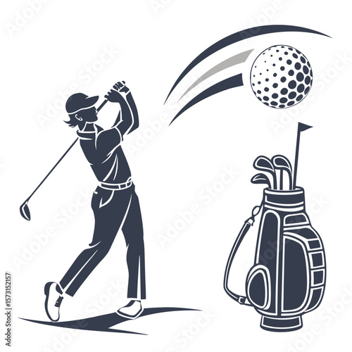 Vector silhouette illustration of a lady golfer with golf club and ball