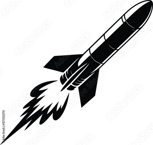 Black and white illustration of a rocket launching upward into space with smoke