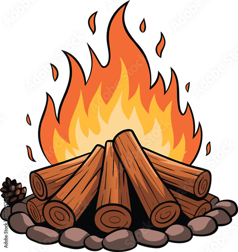 Cartoon illustration of a campfire burning with flames and wooden logs outdoors