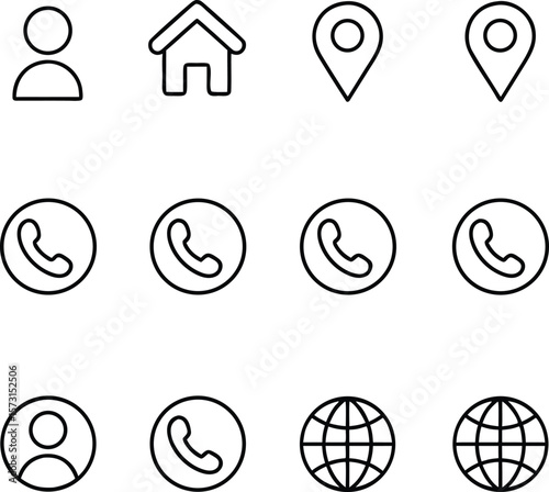 Collection of black and white outline contact icons for website and application design