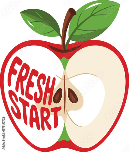 Cartoon illustration of a red apple halved displaying a fresh start concept