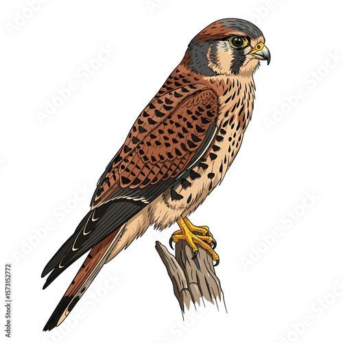 Illustration of an American Kestrel perched on a branch, showcasing its detailed plumage and sharp features.