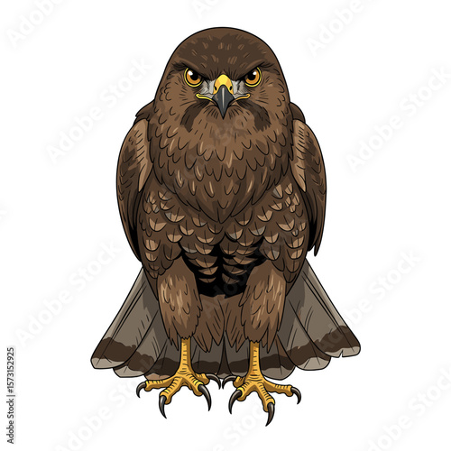 A stern, detailed illustration of a brown hawk staring directly forward.