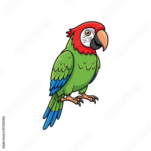 Cartoon illustration of a colorful parrot with green feathers, red head, and blue wing tips, isolated on white.