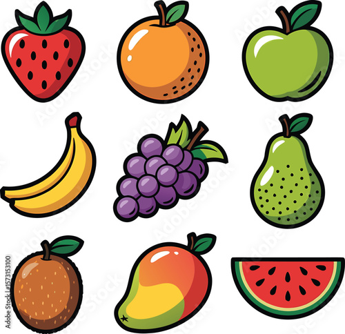 Collection of nine colorful cartoon fruits isolated on a white background for healthy eating