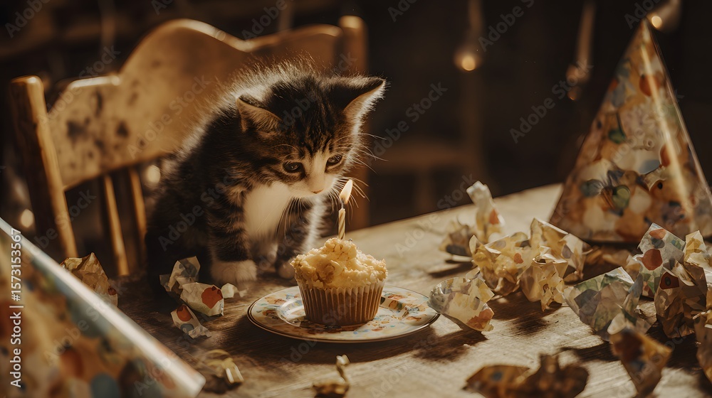 Obraz premium Kitten on Chair Sniffing Birthday Cupcake