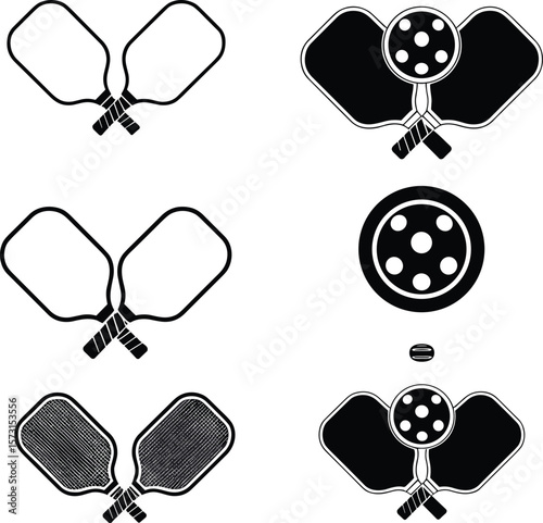 Pickleball paddle and ball icon set, vector illustration, sports equipment, black silhouette, isolated design, recreation, game, activity, collection