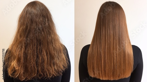 Before and after comparison of keratin hair treatment showing damaged and healthy strands