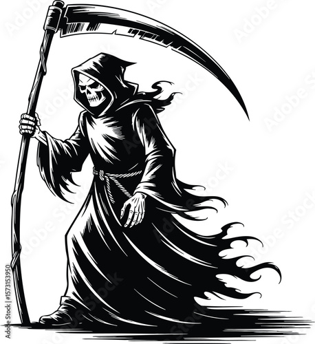 Grim reaper holding scythe in a black robe depicting death and halloween concept