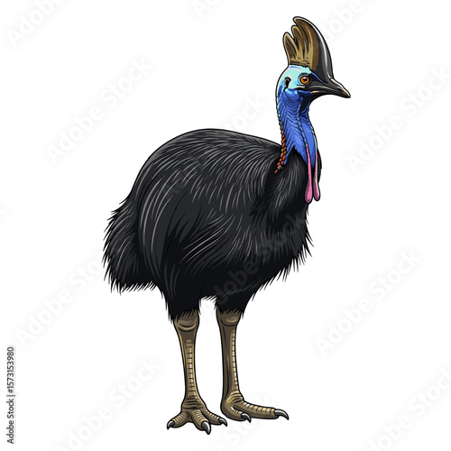 A detailed illustration of a cassowary, a large flightless bird with striking blue and gold plumage.