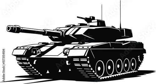 Modern combat tank silhouette with long gun barrel and military armor in black and white